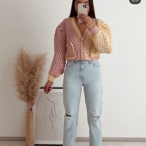 ZARA eyelet chunky knit oversized cardigan with jewel buttons - Picture 5 of 16